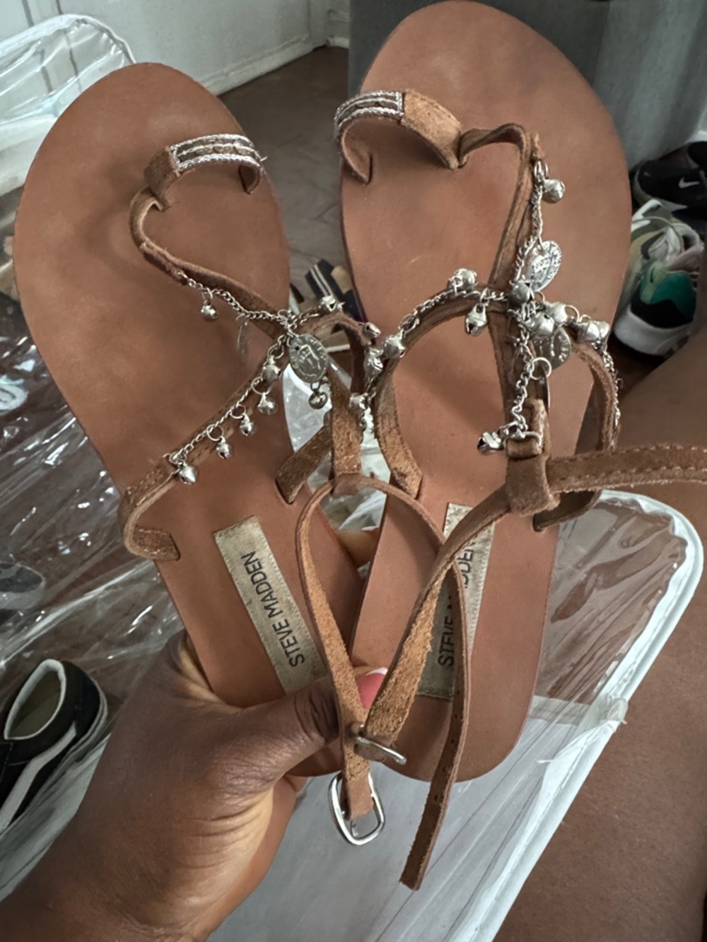 Steve Madden Tan Suede T-Strap Sandals with Silver Coin Charm